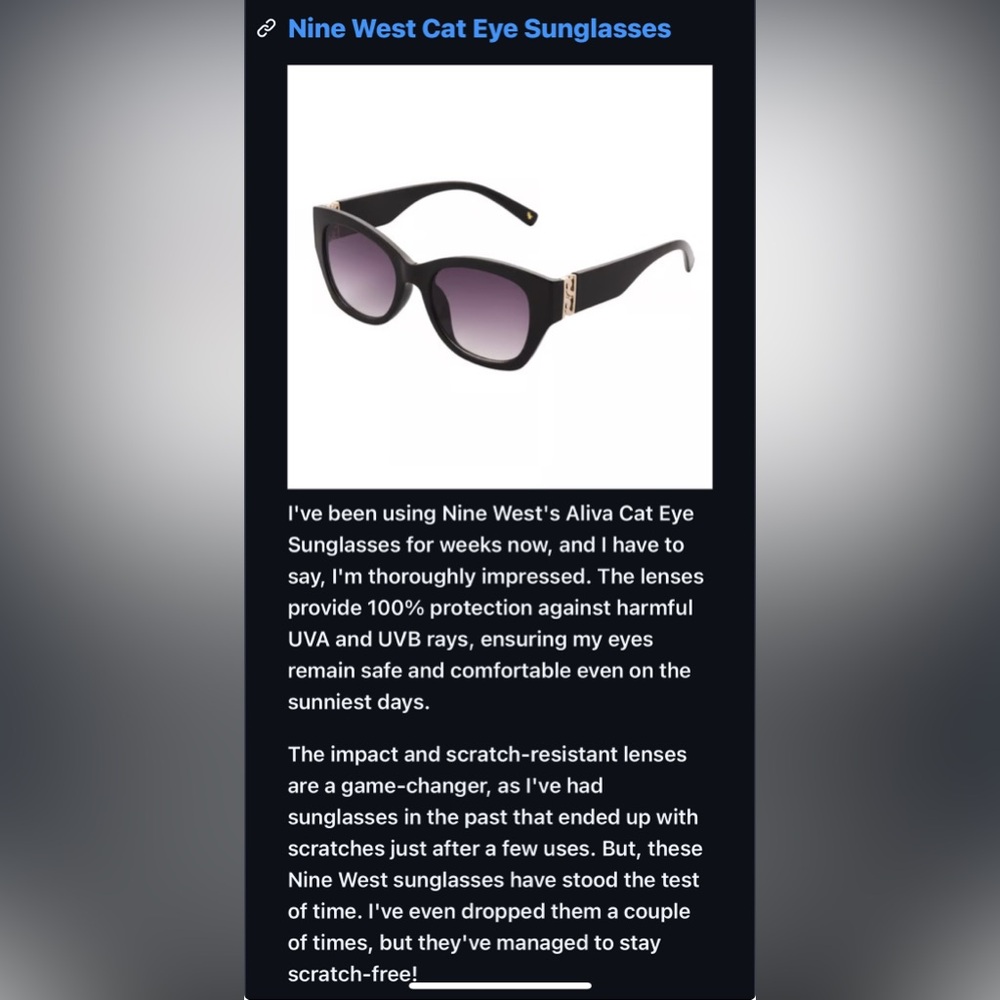 NWT Nine West Black Cat-Eye Sunglasses with Gradient Lenses - Picture 6 of 7